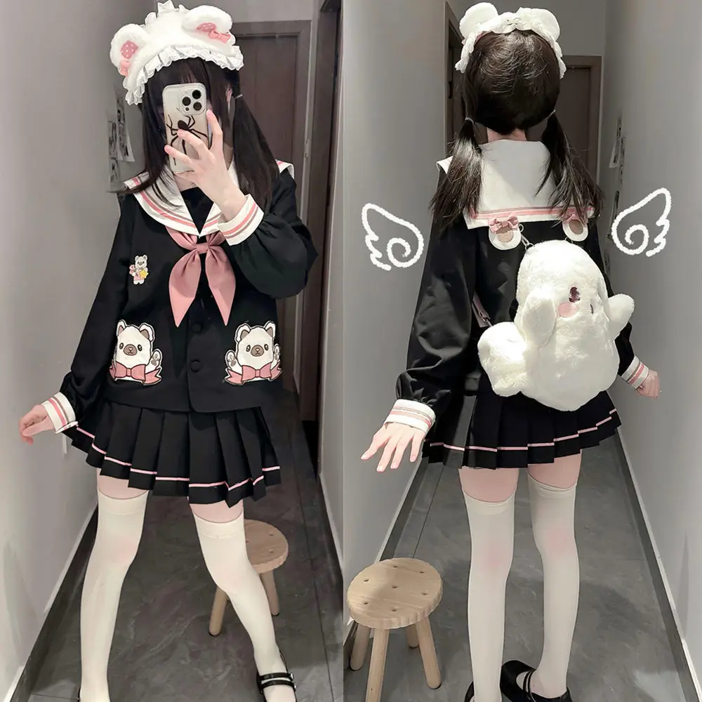 Japan Original JK Uniform Sailor Collar Original Cute Cartoon Black Pink Color Matching Long And Short Sleeve Top Skirt Set Girl