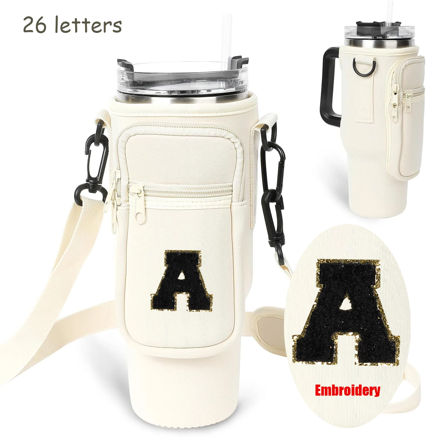 TY Letters Water Bottle Holder Bag with Strap for 40oz Water Bottle Carrier Bag for Travel Hiking Camping Accessories