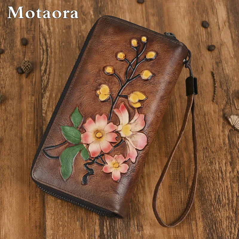 

MOTAORA Women's Genuine Leather Long Wallet Double Vintage Purse Phone Bag Vegetable Tanned Leather Designer Luxury Bag 2025 NEW
