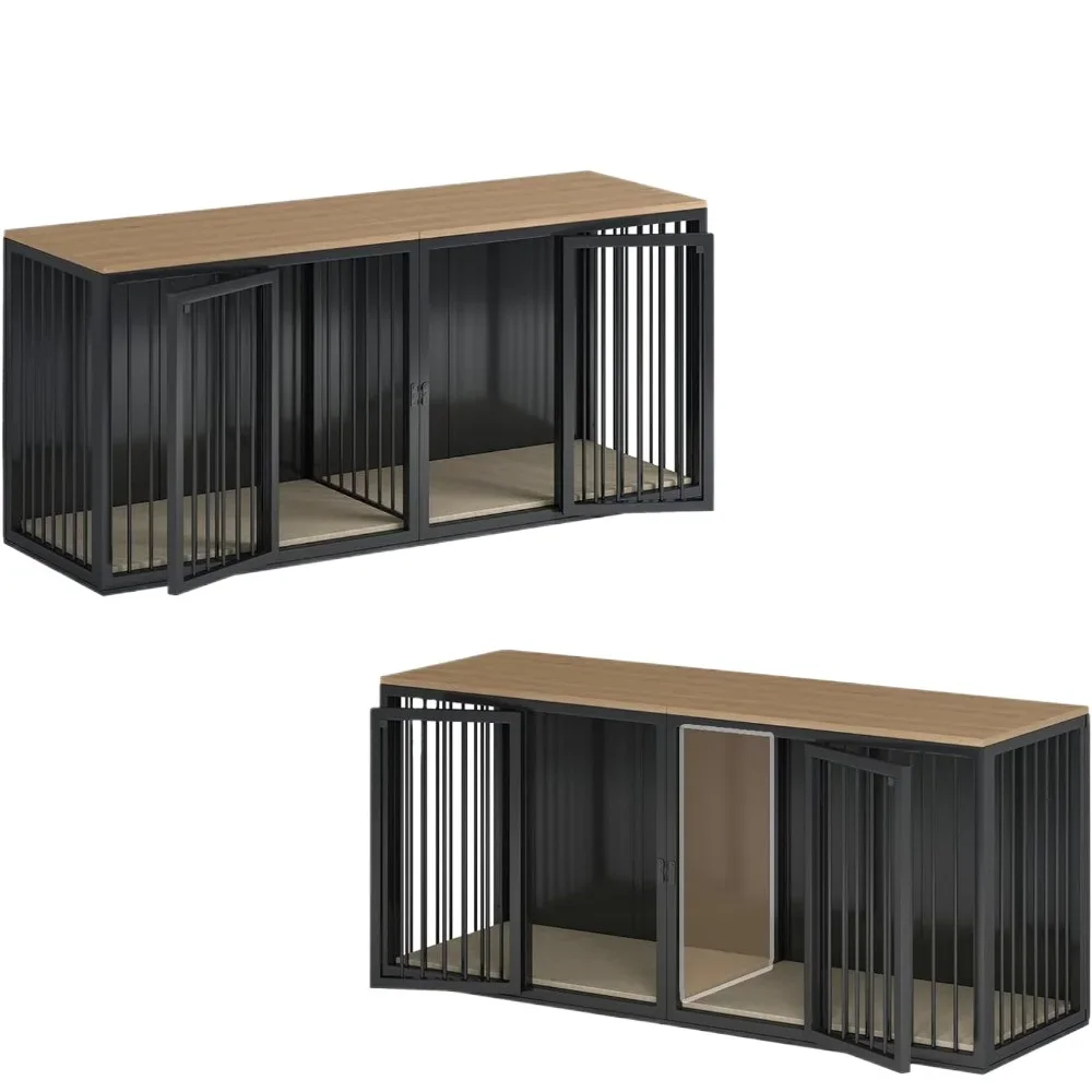 Large Dog Crate Furniture for 2 Dogs, 71.6'' Steel Frame Dog Crate with Double Doors, Heavy Sturdy Dog Kennel for Medium Large