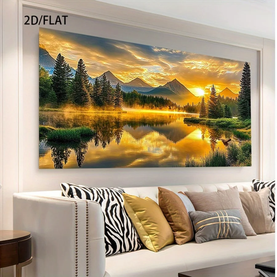 2D Flat Modern Tranquil Mountain Lake  - Golden Sunrise Reflection And Vibrant Greenery Warm Tones, Suitable for Living Room,