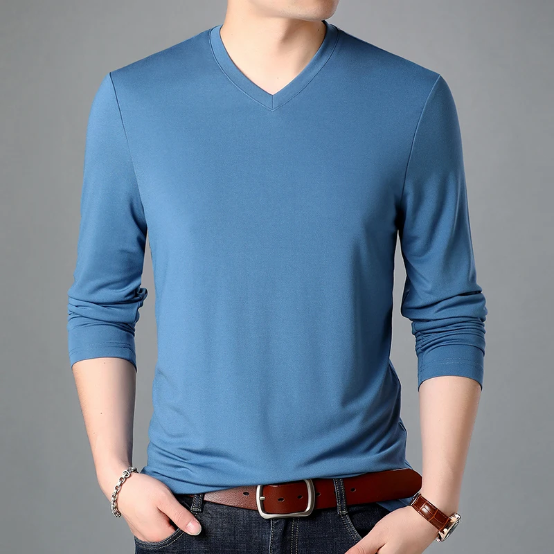 2022 Mulberry Silk Long Sleeve Men's T-shirts Spring Autumn Solid Color V Neck Casual Male T-shirts Simple Man Tees 3XL