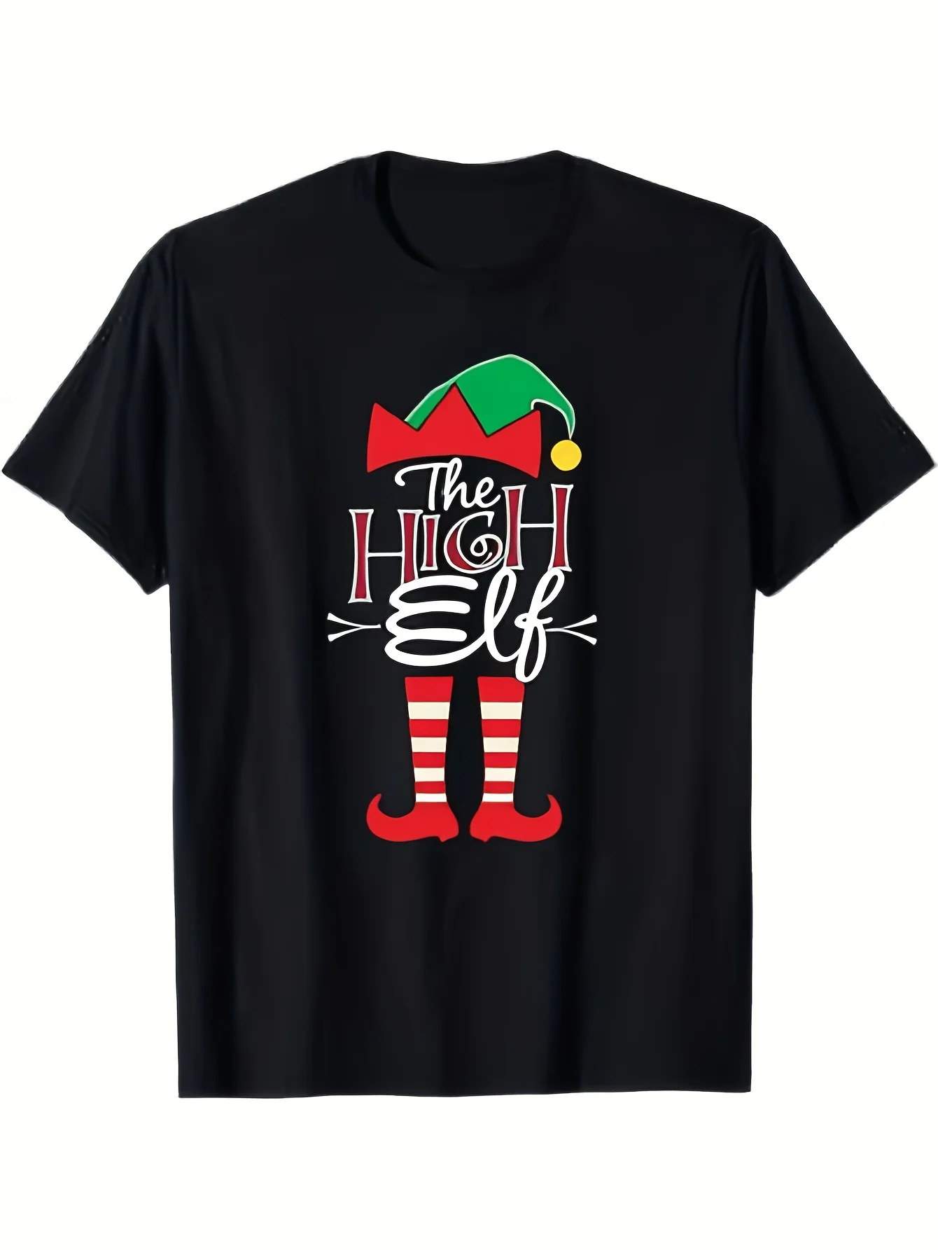 Funny Men's Black Graphic T-Shirt Holiday Helper Hat Striped Legs Curled Shoes Bold Letter Print 100% Cotton Heavyweight Short Sleeve Casual Streetwear Tee