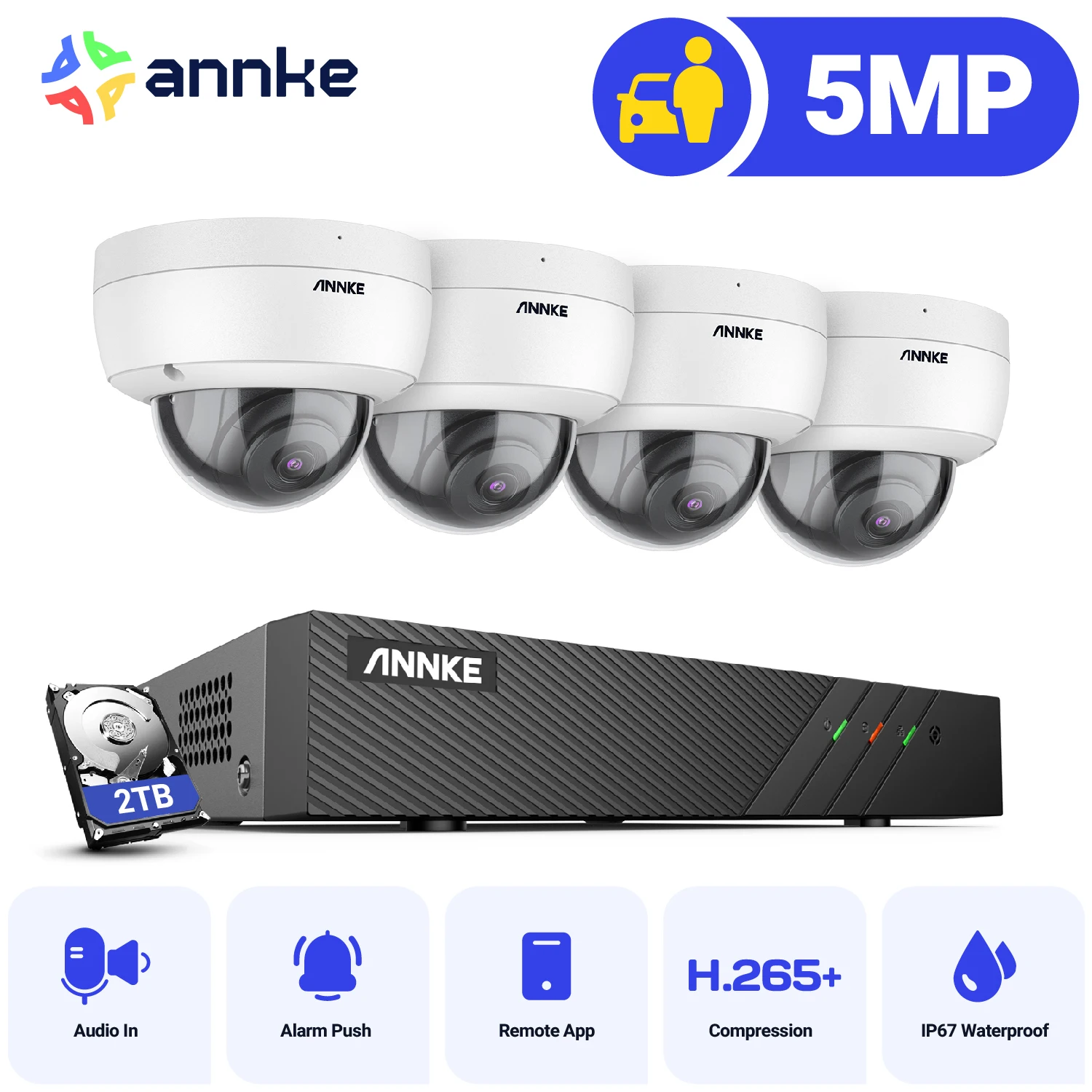 ANNKE 5MP Home Surveillance Camera System,8CH 4×5MP CCTV Security Protection Camera Night Vision IP67 Remote Access Record Audio