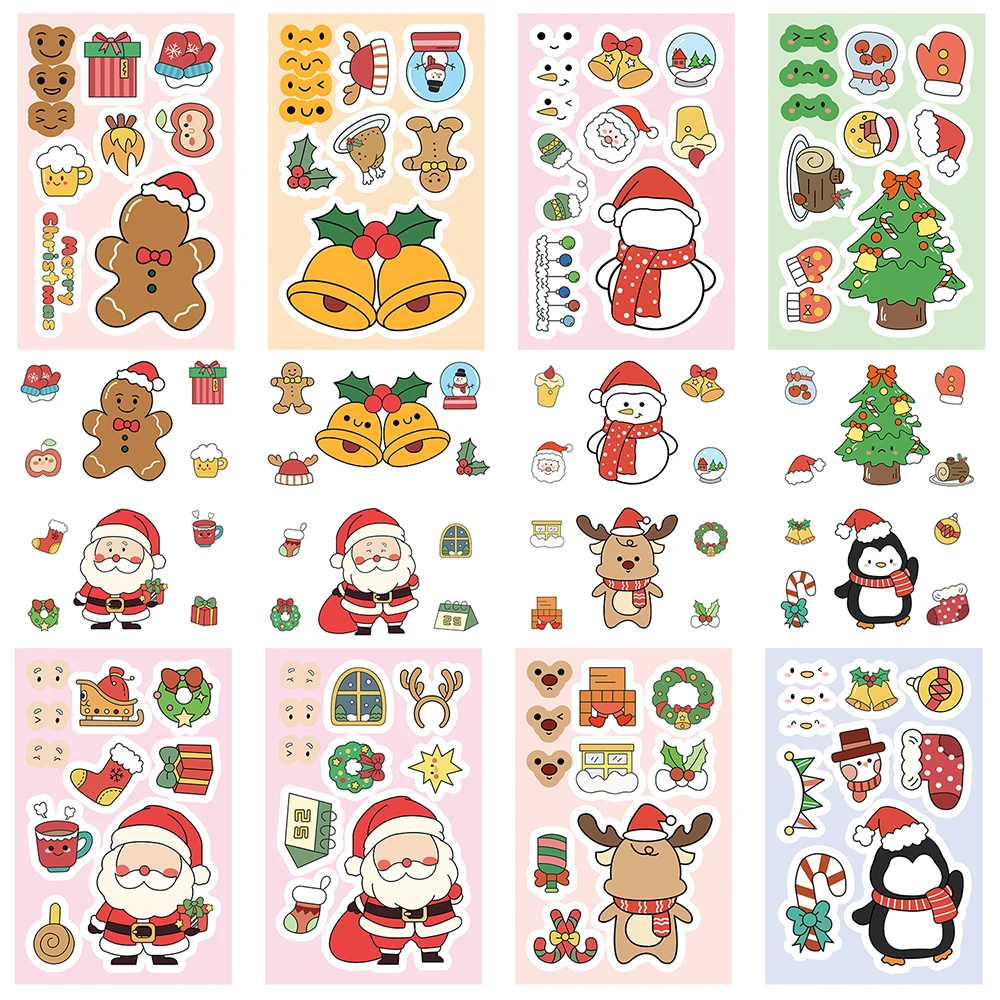 8/16sheets Merry Christmas Cartoon Puzzle Stickers Cute Santa Claus Make a Face DIY Fun Party Game Assemble Jigsaw Kids Decals