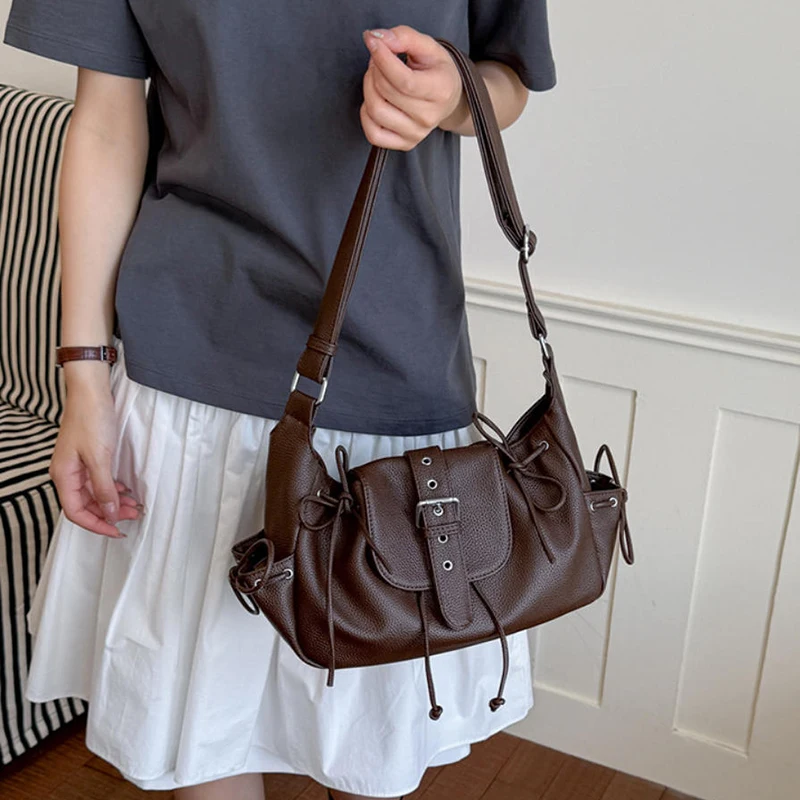 Retro Punk Y2K Drawstring Shoulder Bag Stylish Trendy Belt Buckle Motorcycle Bag Simple Versatile Handbag Commuter Tote Bags