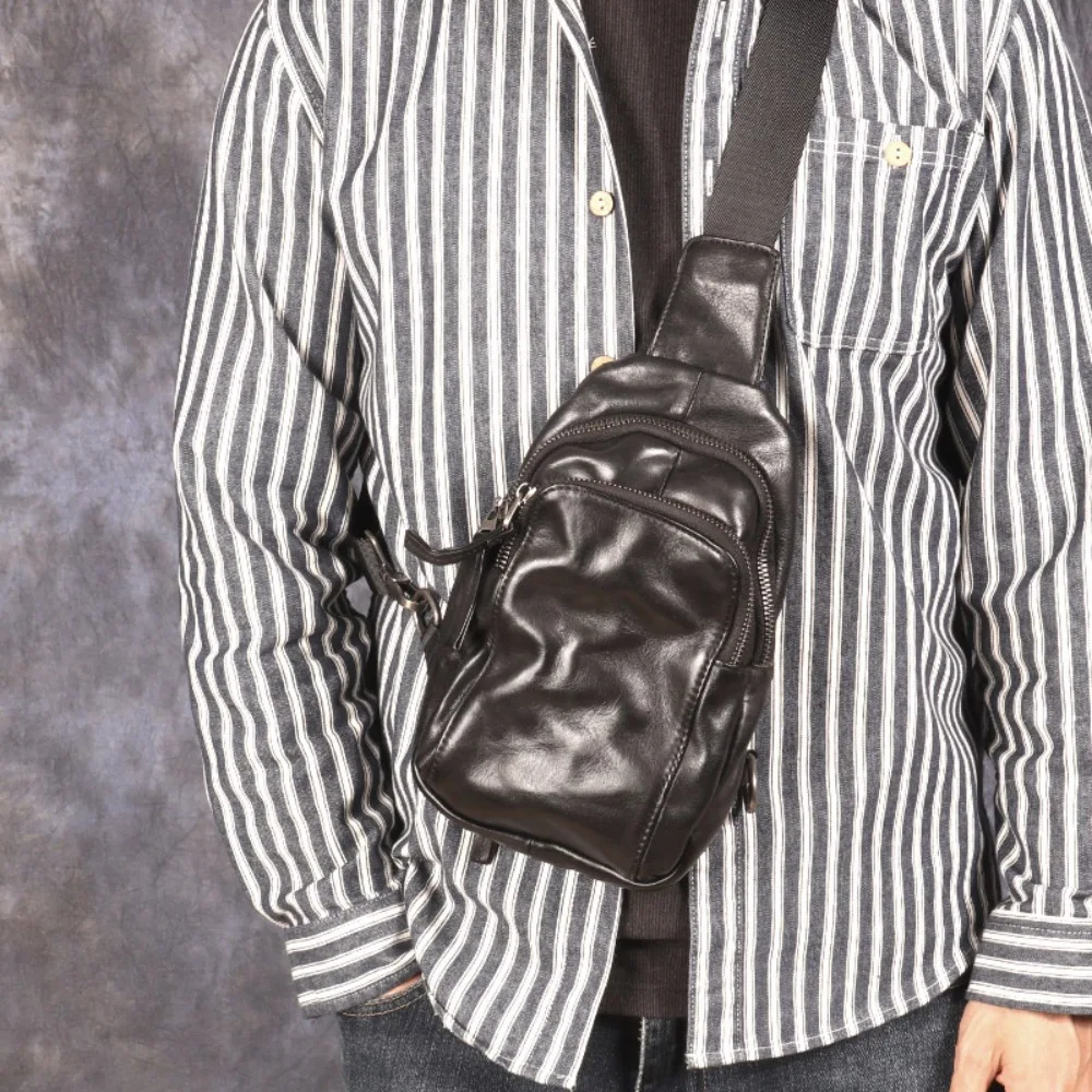 

Genuine Leather Men's Chest Bag Top Layer Cowhide Trendy Brand Versatile Pleated Tree Paste Vegetable Tanned Leather Crossbody
