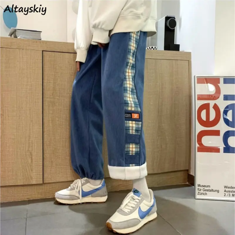 Harajuku Corduroy Pants Women Chic BF High Street Baggy Sporty Preppy Schoolgirls Unisex All-match Fashion Simple Ins Patchwork