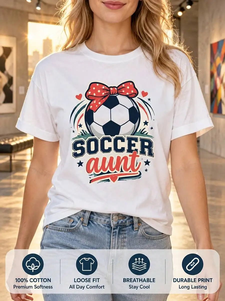 Casual Style, Women's T-Shirt, Soccer Aunt With Bow And Heart Design, Summer Casual Wear, Gift For Soccer Loving Aunts