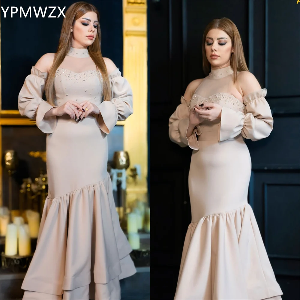 

Customized Evening Dress Women Prom Gown Party Occasion YPMWZX High Collar Mermaid Floor Length Skirts Draped Tulle Bead Bespoke