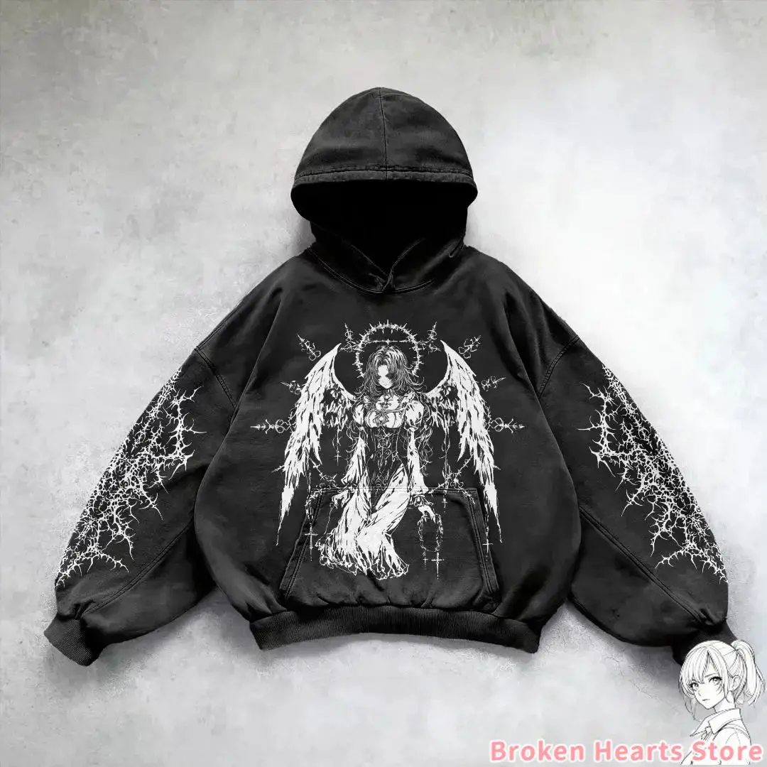 Sudaderas con capucha con estampado de chica demonio punk gótica para mujer, tops harajuku y2k, ropa de calle gótica de gran tamaño, Sudadera con capucha, ropa para parejas