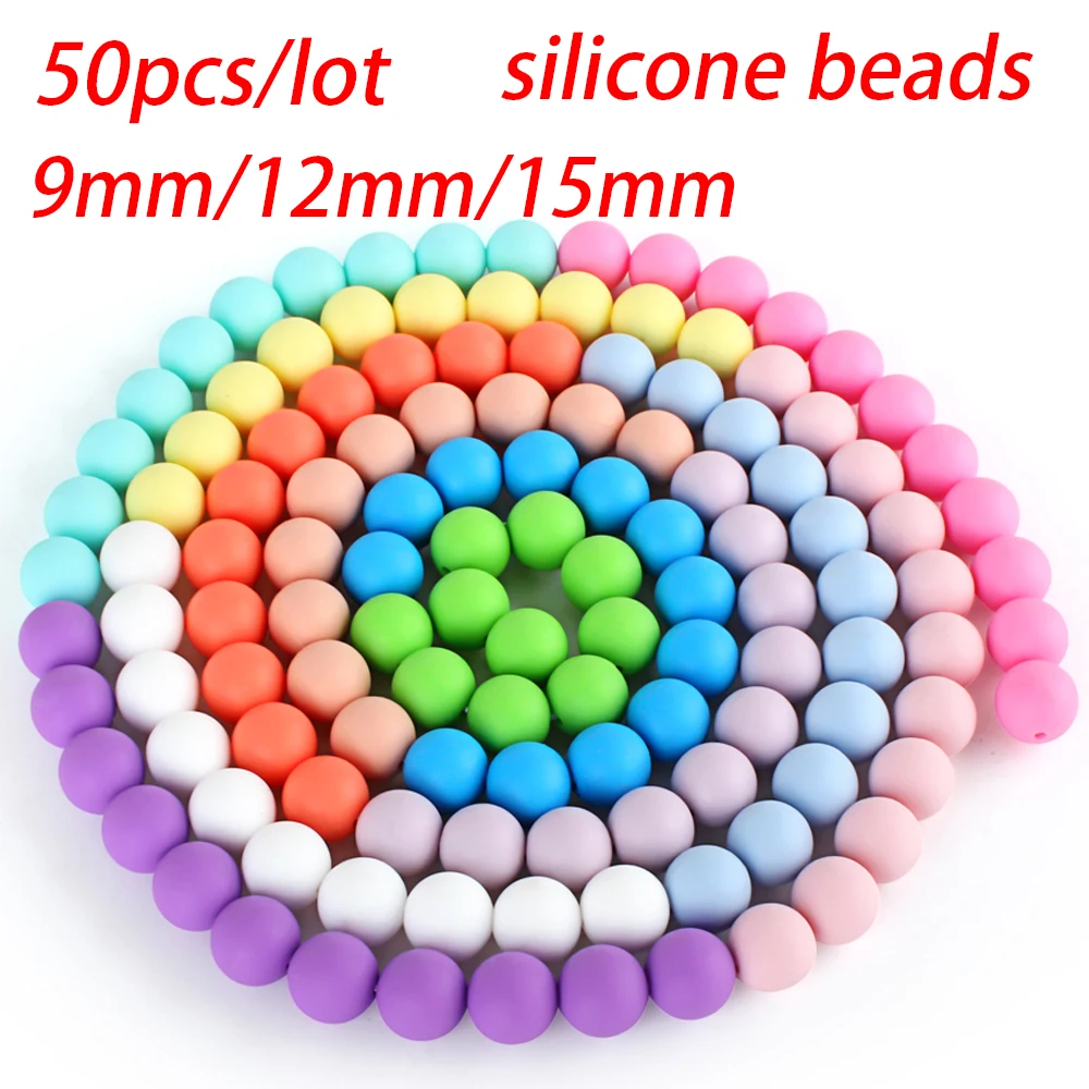 Cuentas redondas de silicona para fabricación de joyas, 50 piezas, 15mm, 12mm, 9mm, y pulseras para llaveros, DIY