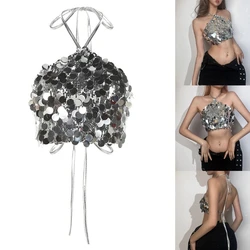 Women Summer Sexy Halter Tie Backless Camisole Glitter Silver Sequins Sleeveless Crop Top Bandeau Vest Clubwear