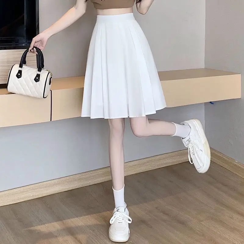 Fashion Elastic Spliced Solid Color Pleated Skirts Female Clothing 2025 Summer New Loose Preppy Style High Waist Skirts