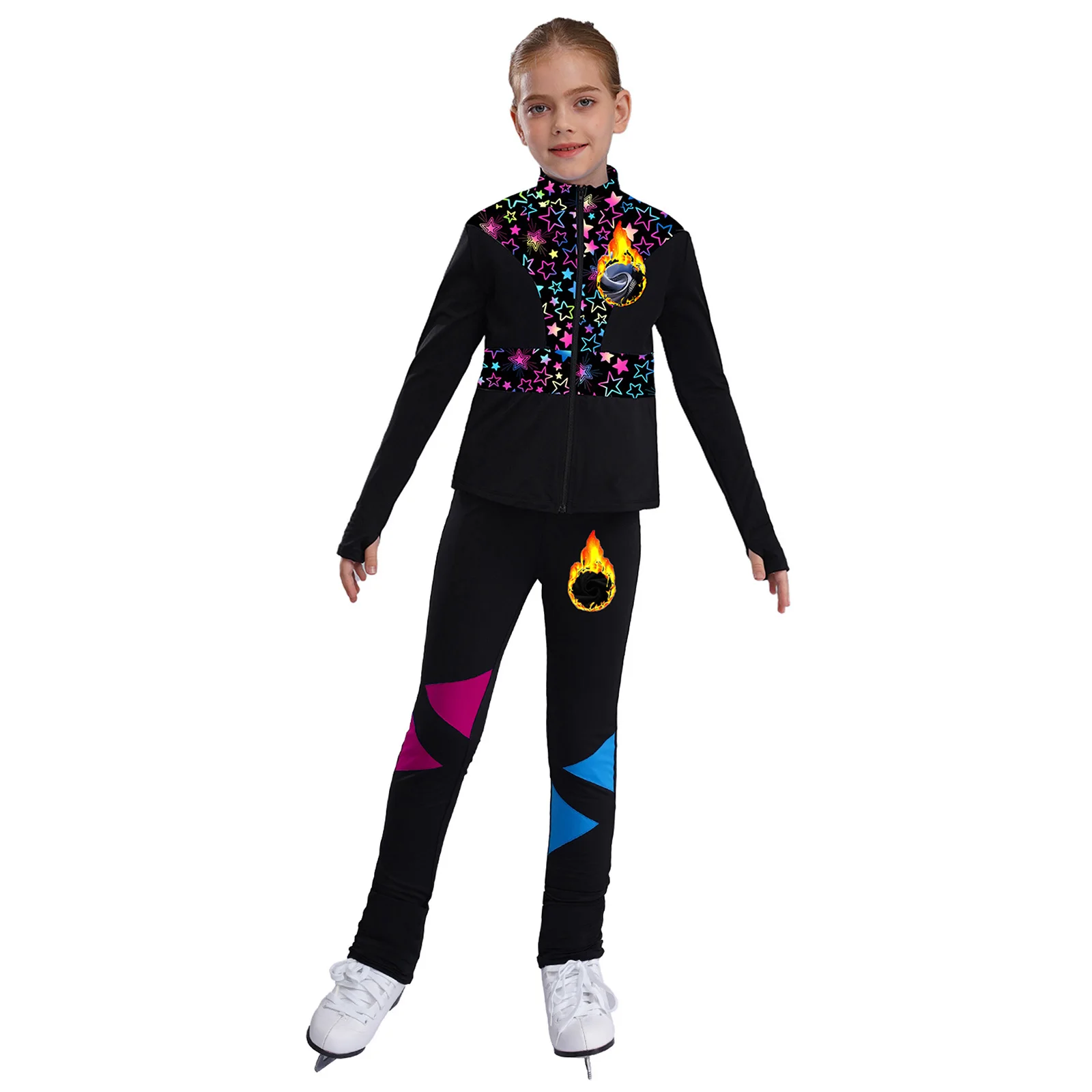 Neues stilvolles Eiskunstlauf-Outfit, langärmeliges bedrucktes Sweatshirt mit Leggings, Gymnastik, Tanz, Sport, Trainingskleidung für Kinder und Mädchen