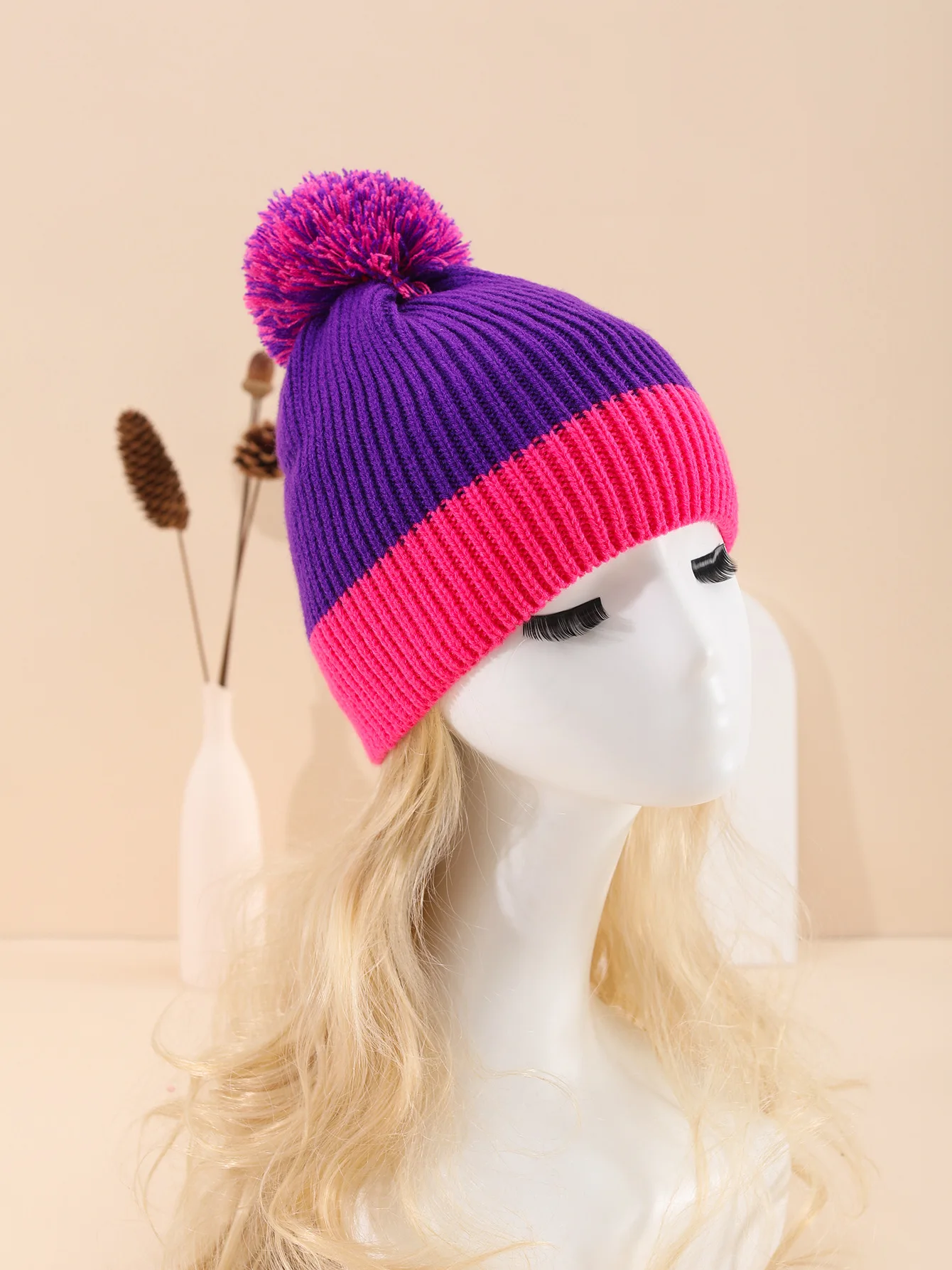 Fashion Color Matching Knitted Hats Women Winter Keep Warm Soft Beanie Cute Pompom Skull Cap