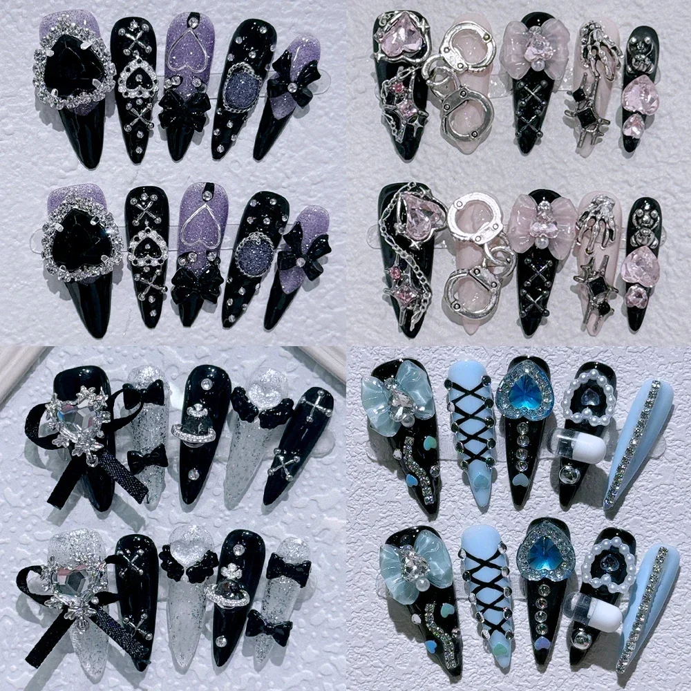 10 ชิ้น Gothic ยาวชี้รูปร่างทําด้วยมือกดบนเล็บ Y2K โซ่โลหะผีเสื้อเต็มเล็บปลอมสติกเกอร์ของขวัญ