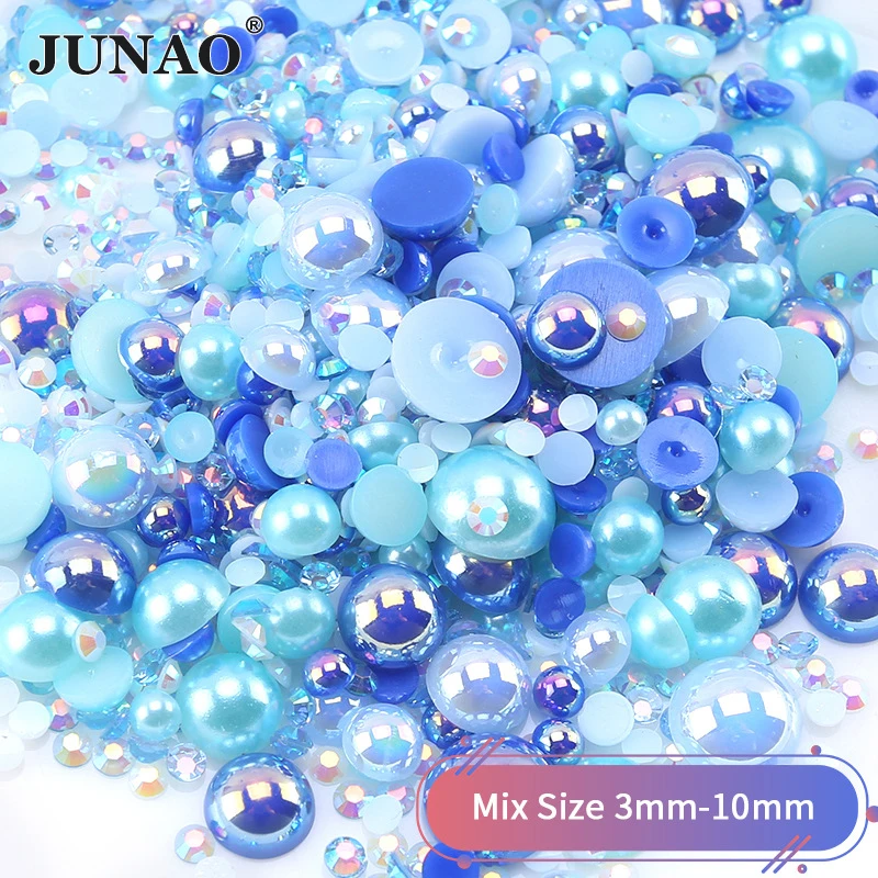 JUNAO 3mm-10mm 30g Mix Size Pink blue Color ABS Plastic Pearl Rhinestone Flatback Half Round Beads Glue On DIY Craft Decoration