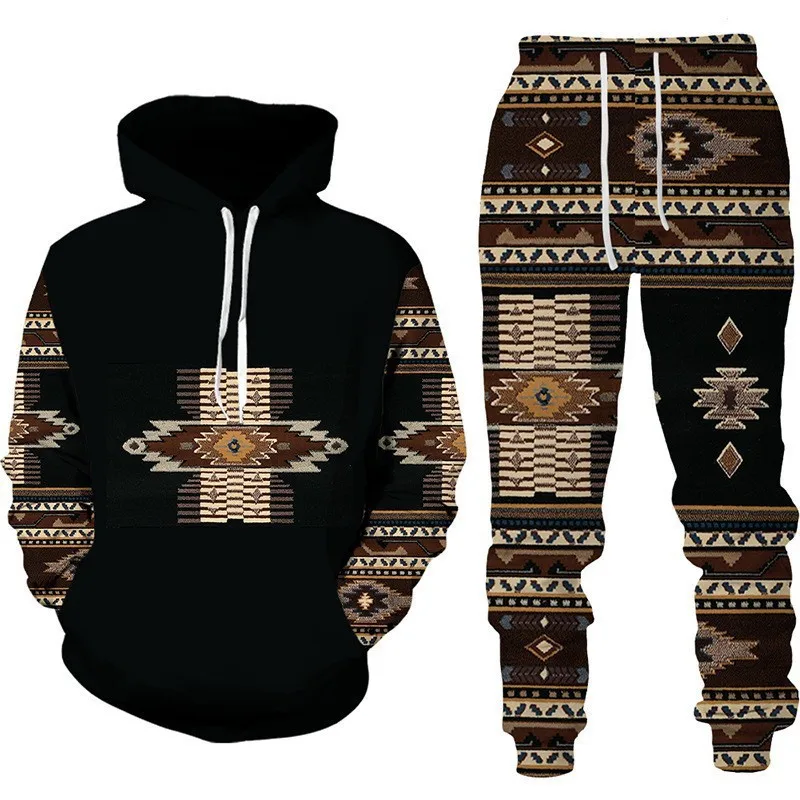 에스닉 스타일 3D 프린트 후드티 바지 세트 남성 패션 스웨트셔츠 후드티 스웨트팬츠 투피스 수트 트랙수트 남성 의류