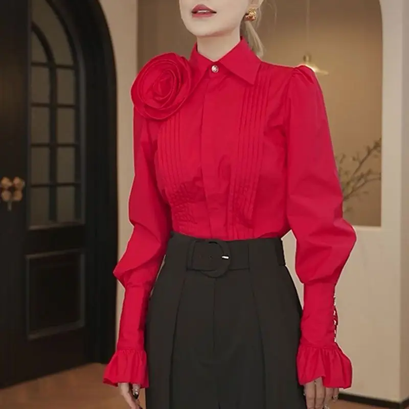 French  design three-dimensional rose red long-sleeved shirt women's 2025 spring foreign style high-end temperament top
