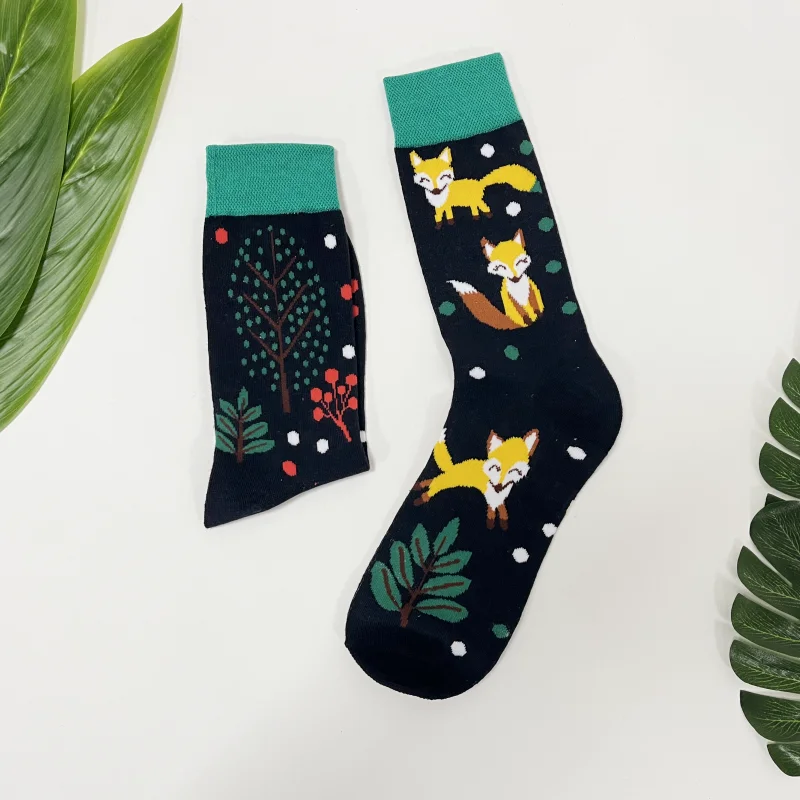 1 Pair Forest Plant Cute Fox Pattern Personalized Fashion AB Style Men\'s Mid-Calf Socks Suit In All Seasons