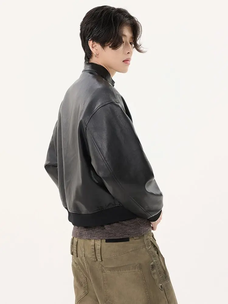 

Retro American Stand Collar PU Leather ort Jaet Loose Fit ex Casual Loose Couples Outerwear Youth Faion Wear