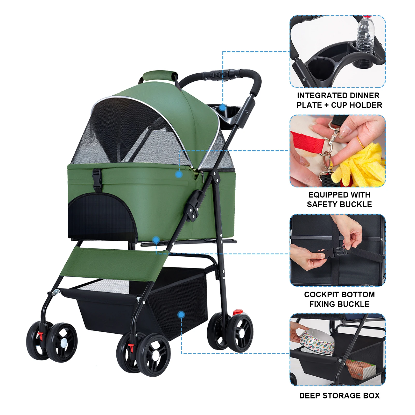 

Foldable Cat Dog Stroller Detachable Basket Carrier Easy Assembly Pet Travel Carrier W/Shock Absorption Lock Switch