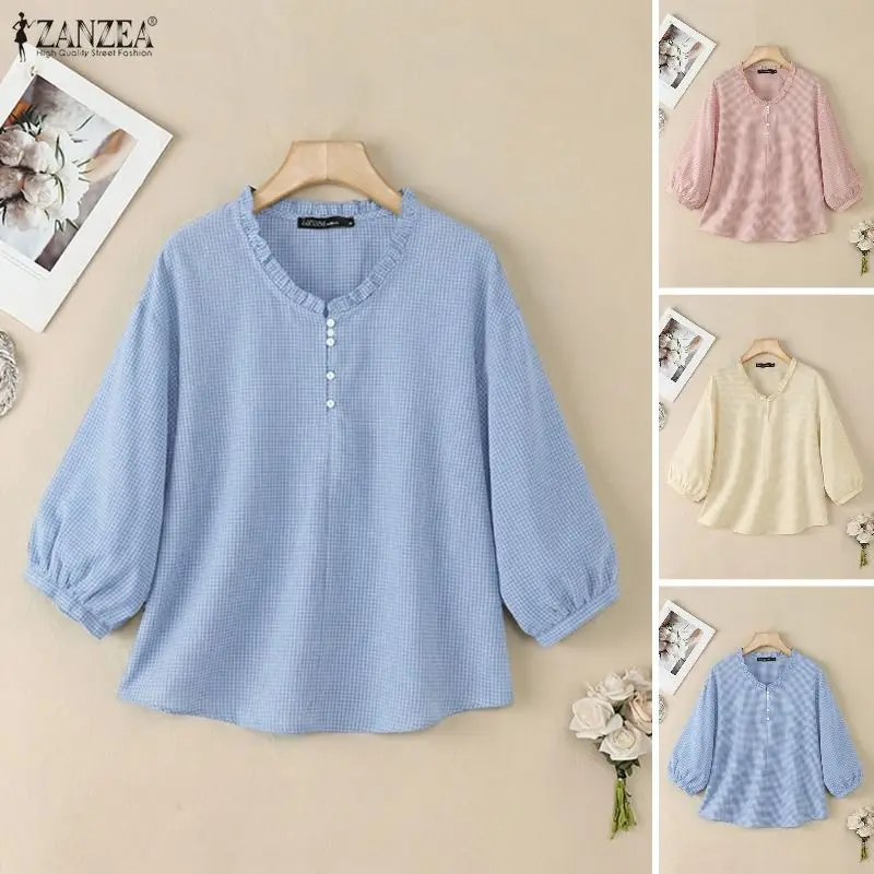 

2026 ZANZEA Women Summer Plaid Blouse V Neck 3/4 Sleeve Checked Tops Elegant Flounce Work Shirt Casual Loose Blusas Mujer Femme