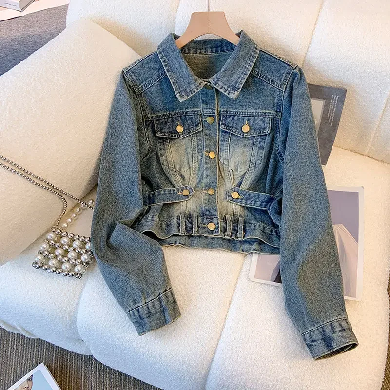 

Retro design waist denim jacket women's new autumn and winter short fashion temperament high waist jacket Joker niche top