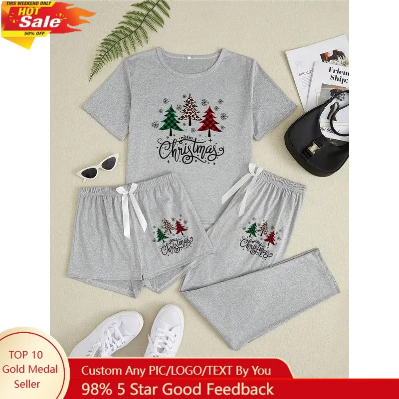 

Женский пижамный комплект с принтом рождественской елки, повседневная приталенная одежда для сна, всесезонная удобная ночная рубашка, средней толщины ткани Lo