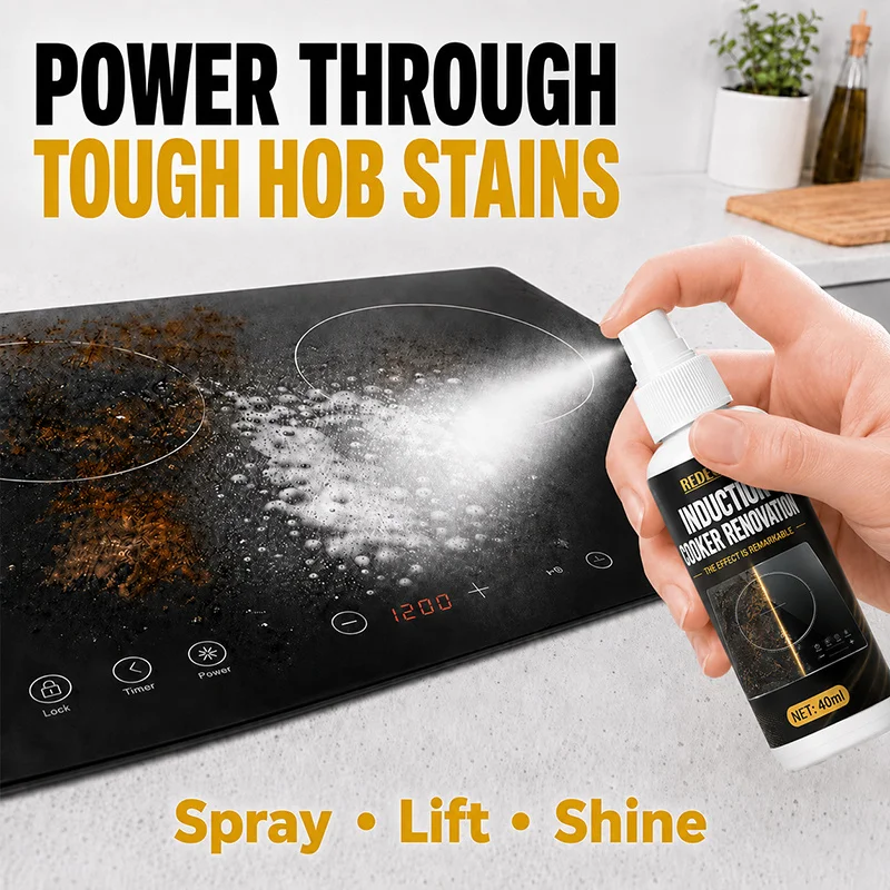 Kitchen Surface Gloss Maintenance. Removes Tar & Oil Film, Creates Shine. for Induction Cooktops, Cookware, Stoves & Grills.