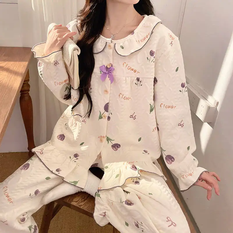 

Pajama Cute Sets Women Seasonal Chiffon Floral Print Bedtime Relax Night Set Bathing Ready Round Neck Cap Sleeve Bermuda Shorts