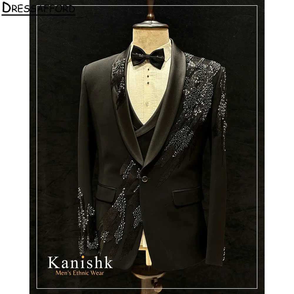 

Black Formal Wedding Suits Luxury Beading Pearls Men's Business Suit 2 Pieces (Jacket+Pants) Man Tuxedo Groom Wear
