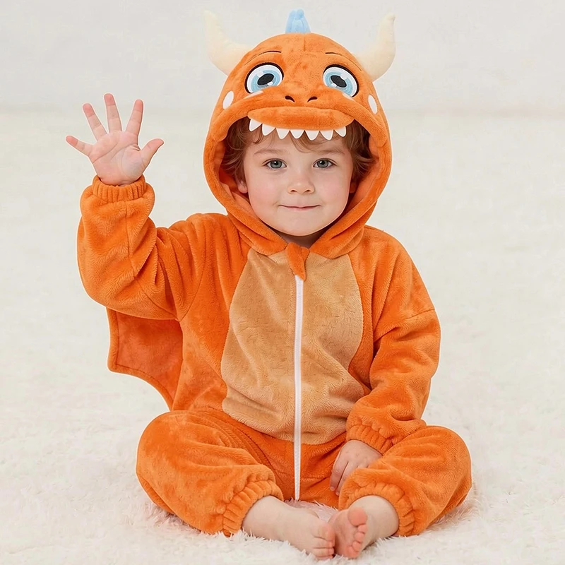 Kigurumis Lovely Dragon Newborn Baby Clothes Bodysuit Winter Flannel Boys Girls Romper Warm Cosplay Costume Outfit Hooded