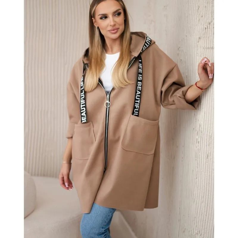 Casual Hooded Overcoat Jacket for Women Autumn Letter Printed Splicing Pocket Trench Coat Zip Long Sleeve Solid Coat Office Lady