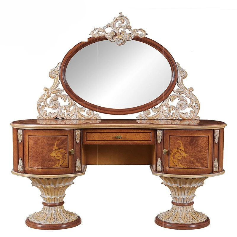 

European Style Dressing Table, Solid Wood Carved Bedroom, French Court Villa, Makeup Mirror, Large Apartment Makeup Table