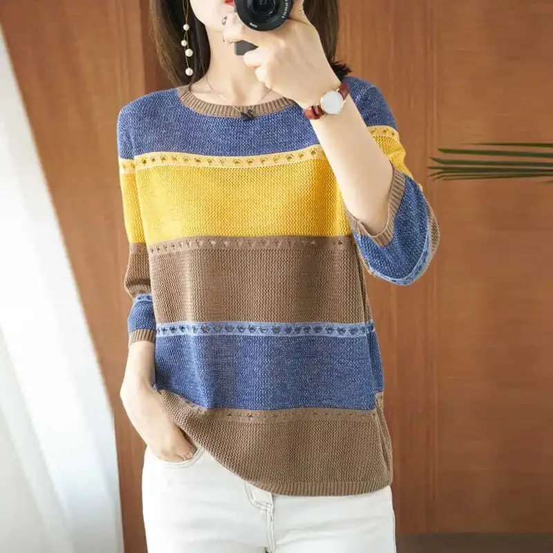 

Loose Knitted Sweater Women Three Quarter Sleeve Woman Pullovers Sweaters Casual Autumn Spring Striped Jumper PH140