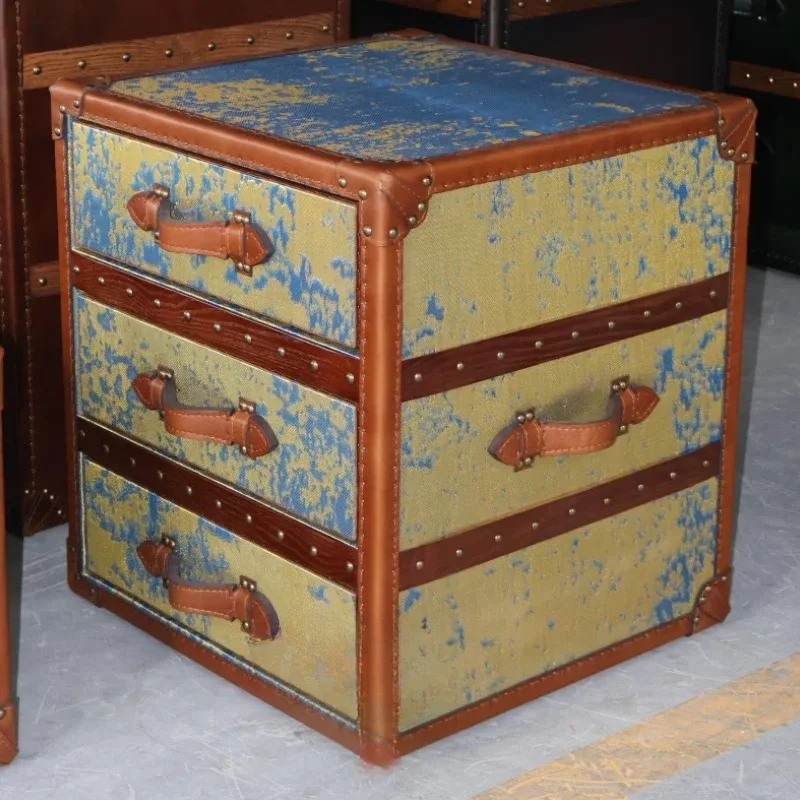 ODM New Design Metal Brass Wire Genuine Leather Side Table Luxury Living Room Decorative Cabinet 3 Drawers Bedroom Bedside Table