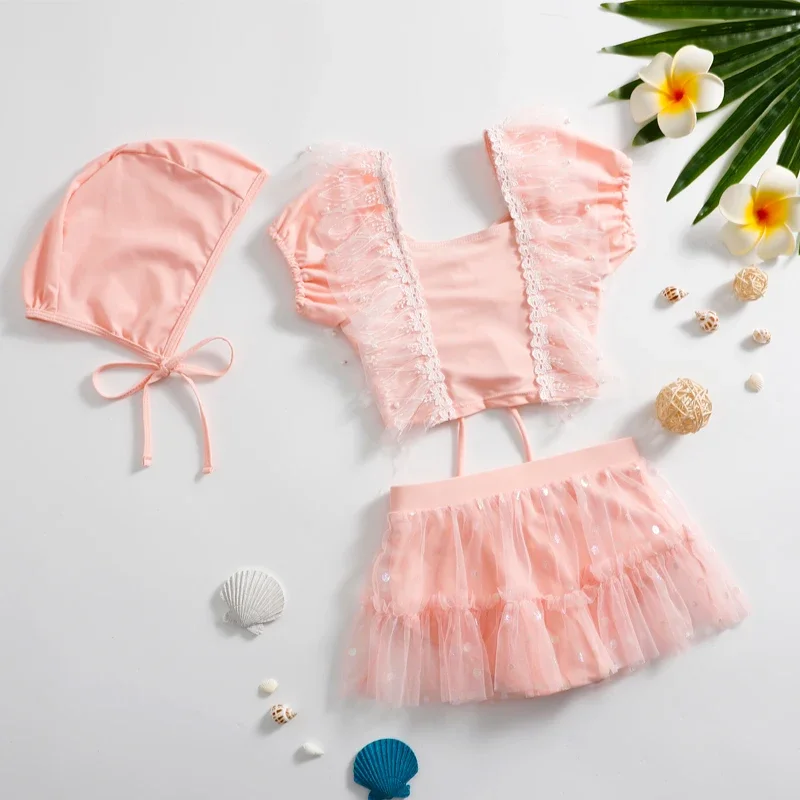 Girls Lace Princess Swimming Suit Baby Kids Split Top + Skirt + Hat Swimwear Summer Fashion Beach Children Cute Swimsuit