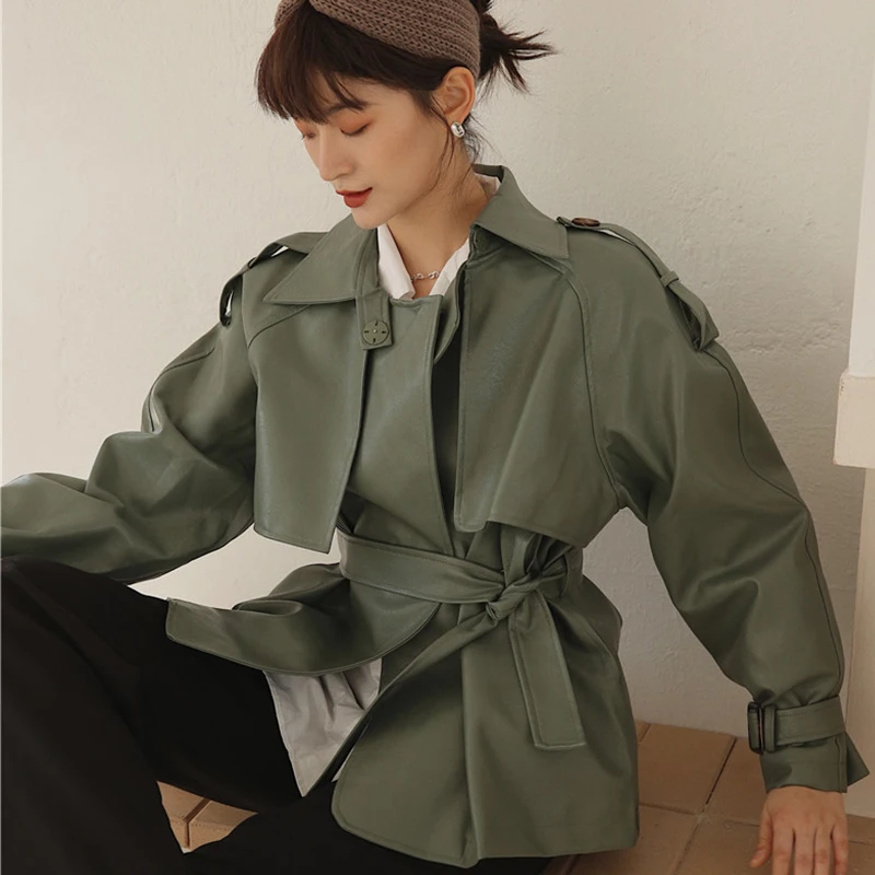 FTLZZ Spring Autumn 2022 Women New Casual Lapel Pu Jacket Coat Simplicity Loose Leather Jacket with Belt Office Lady