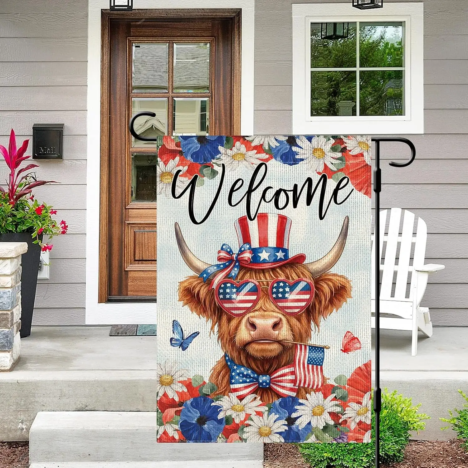 DLZDN 4th of July Patriotic Highland Cow Garden Flag 12×18 Inch Double Side Vertical Burlap Farmhouse Yard Sign Independence MMZ