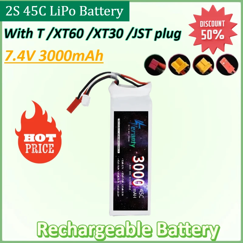 

New 7.4V 3000mAh 2S 45C LiPo Battery for RC Quadcopter Helicopter Car Boat Drones Spare Parts Battery with T XT60 XT30 JST plug