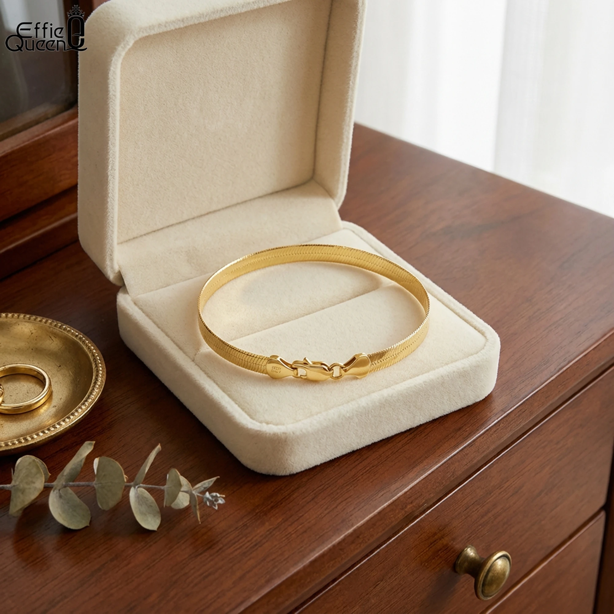 

Браслет EFFIE QUEEN из стерлингового серебра 925 пробы с покрытием из 18-каратного золота, плоская цепочка «ёлочка» 3-4,5 мм, простое украшение для женщин и мужчин, подарок SB107