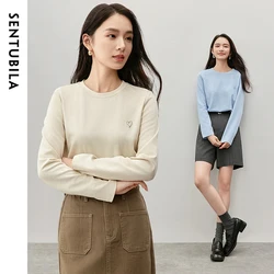 SENTUBILA Casual Cotton T-shirt for Women 2024 Autumn Simple Solid Embroidery Crew Neck Long Sleeve Basic Pullover 143T57312