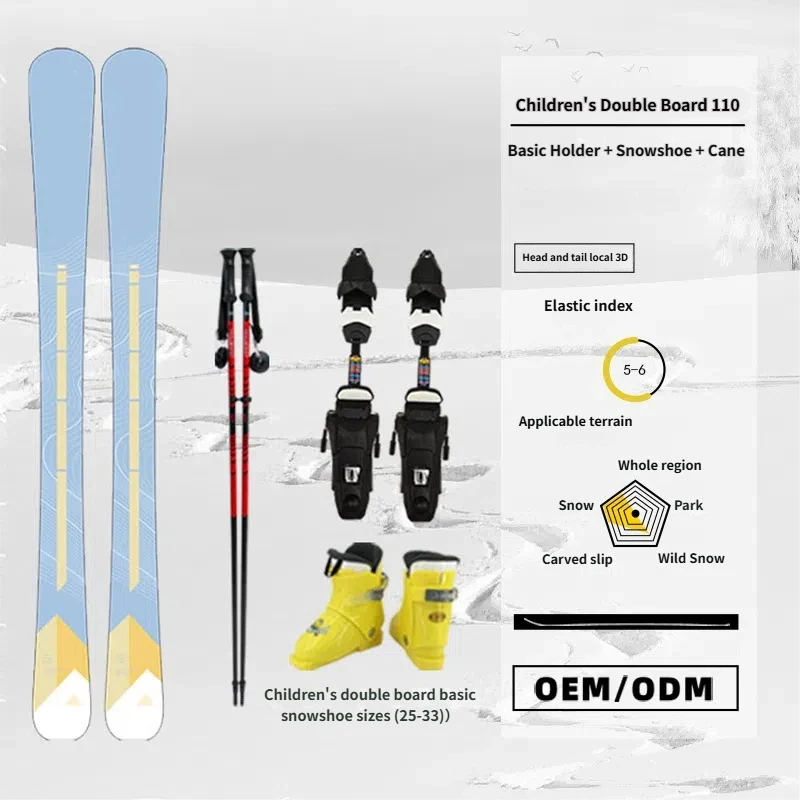 High Elasticity Children's Double Snowboarding Set Basic Binding Ski Boots Ski Poles Winter Eco-Friendly Poplar Wood Core All