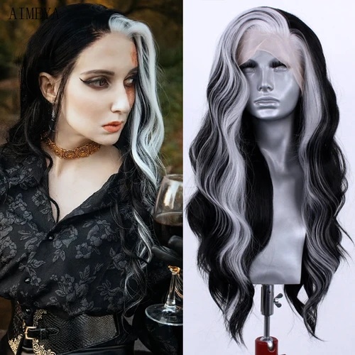 Imagen 1 del producto AIMEYA-Peluca de cabello sintético de fibra resistente al calor, postizo de encaje Frontal, color blanco, negro, Highligh