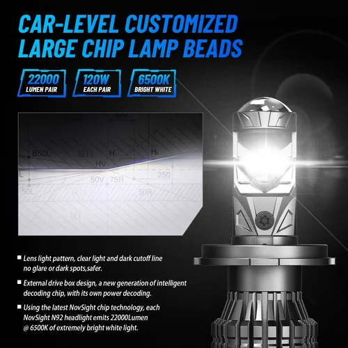 Imagen 2 del producto NOVSIGHT H4/9003/HB2 faro LED para coche H11 LED H7 9005/HB3 9006/HB4 6500K 120W 22000LM 9-32V bombillas LED para faros de coche
