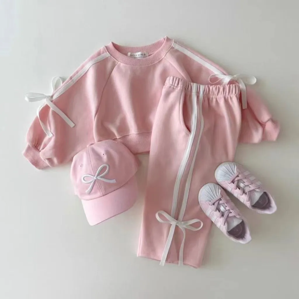 TZ2441 Korean Style Long Sleeve Long Pants Set Spring Autumn Sports Baby Girl Butterfly Knot Splice Sweatshirt Two-Piece Set