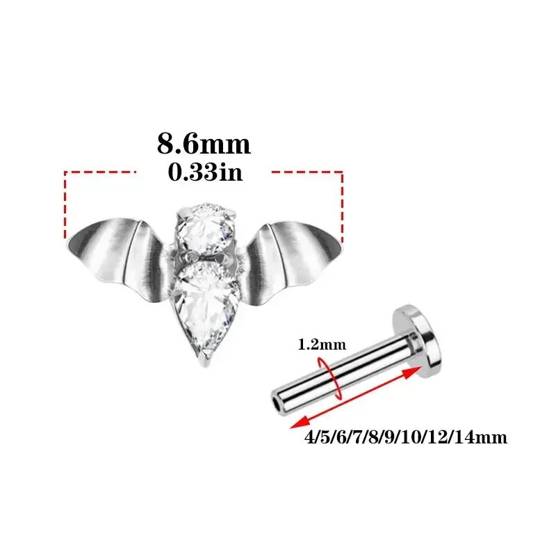G23 Titanium Mini Bat Vampire Lip Piercing 16G Internal Thread Flat Ear Cartilage Tragus Piercing Gothic Body Piercing Jewelry