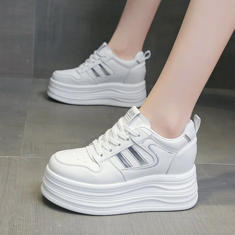 Fashion Comfortable 9CM Heightening Leather Surface Casual Shoes Thick Heel Platform Flats Small Size Versatile Chunky Sneakers